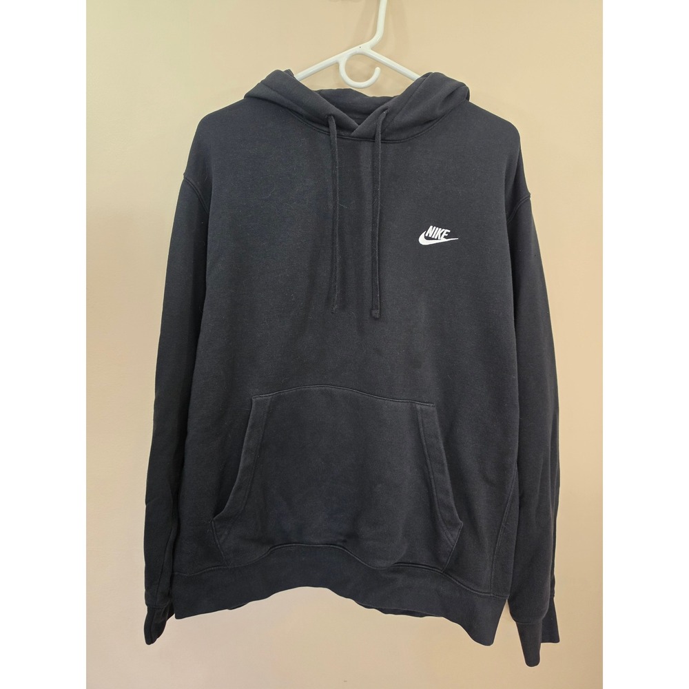 Nike Mens Sportswear Club Fleece Pullover Hoodie Black White Logo Size Large